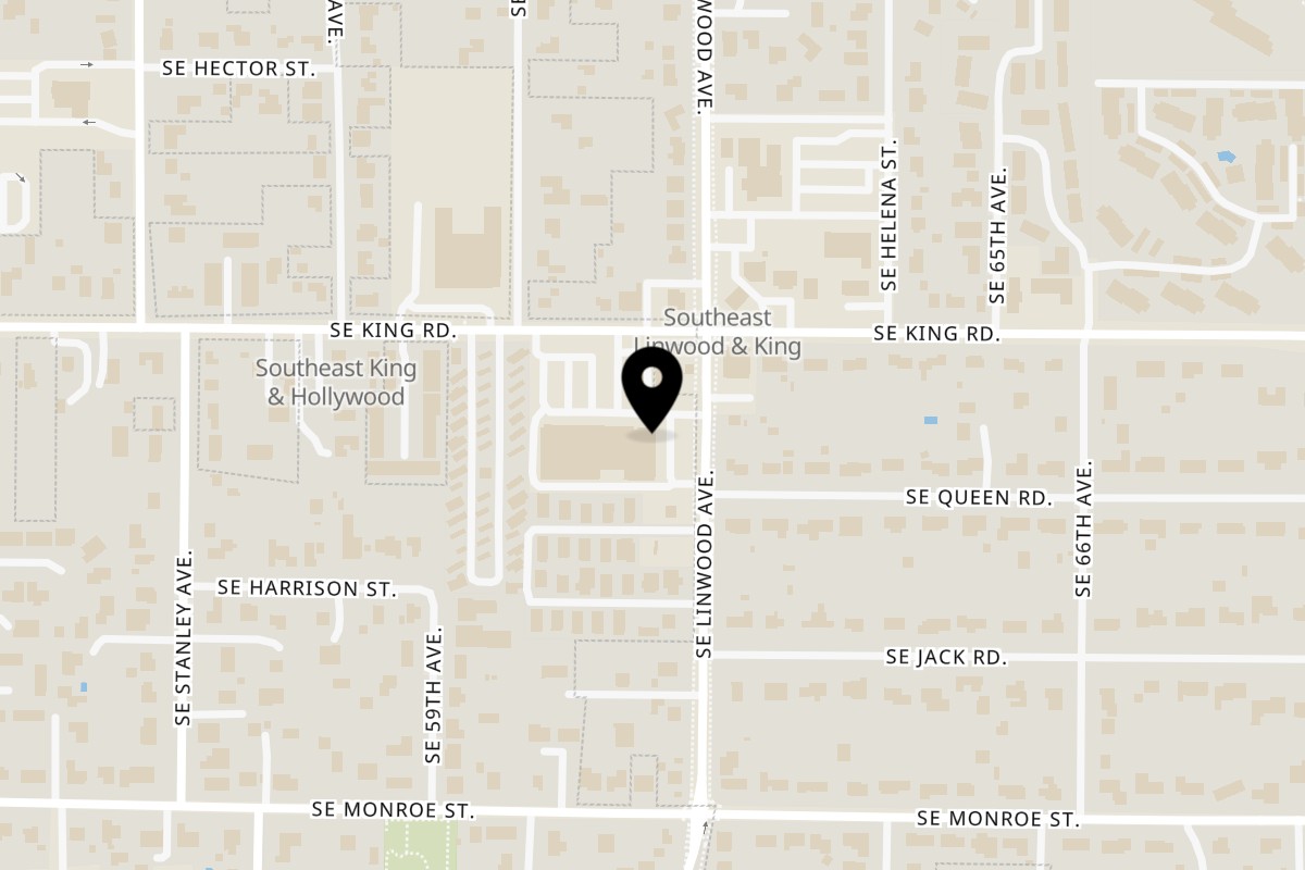 Map showing the location of City Pizza 96 on 6114 SE King Rd in Portland